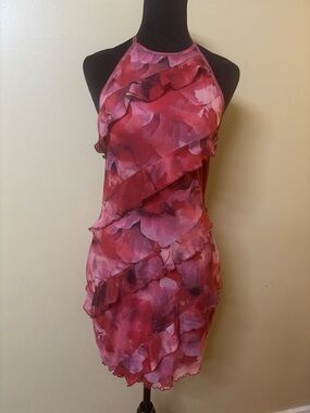 Amazon Pink Floral Ruffle Halter Mini Dress